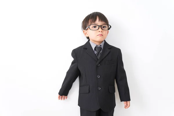 Little Boy Wearing Suit Eyeglasses Posing Studio White Background — Stock Photo, Image