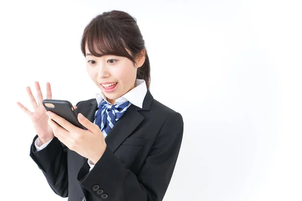 Portré Ázsiai Fiatal Üzletasszony Használ Smartphone — Stock Fotó