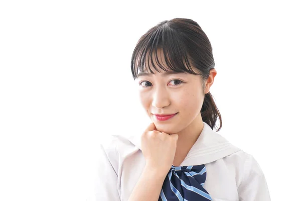 Retrato Asiático Jovem Mulher Escola Uniforme Isolado Branco Fundo — Fotografia de Stock