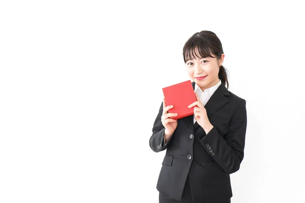 Portrait Jeune Femme Affaires Asiatique Costume Noir Tenant Une Boîte — Photo