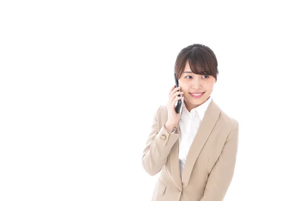 Asian Businesswoman Talking Mobile Phone Isolated White Background — Stock Photo, Image