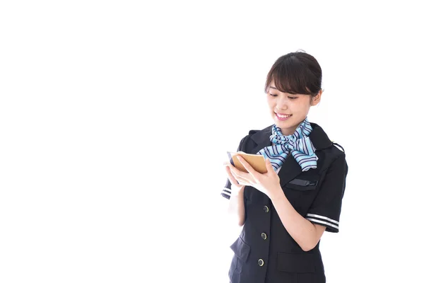 Lächelnde Asiatische Geschäftsfrau Uniform Mit Notizbuch Auf Weißem Hintergrund — Stockfoto