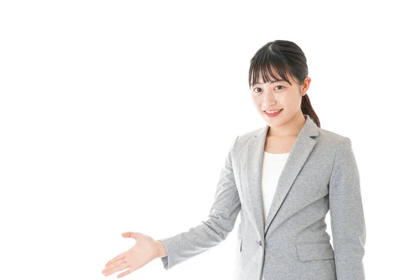 Mulher Negócios Asiática Mostrando Gesto Convidativo Isolado Fundo Branco — Fotografia de Stock