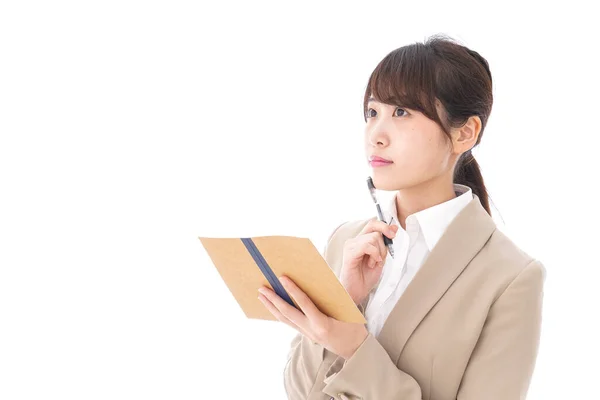 Mujer Negocios Asiática Con Cuaderno Aislado Sobre Fondo Blanco — Foto de Stock