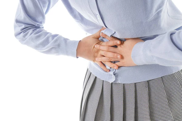 Woman Suffering Stomach Ache White Background — Stock Photo, Image