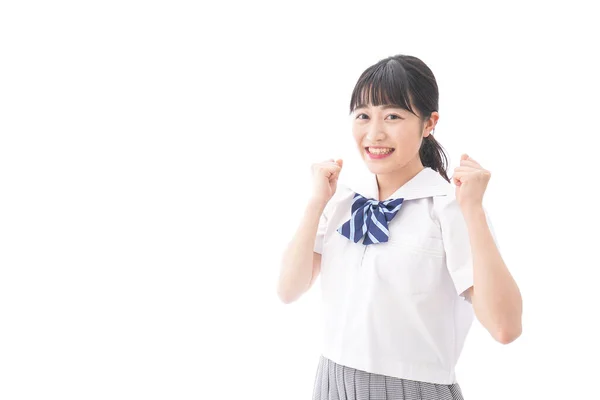 Retrato Asiático Jovem Mulher Escola Uniforme Isolado Branco Fundo — Fotografia de Stock