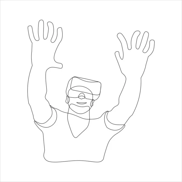Virtual reality: man met Vr bril. Zwarte omtrek op witte achtergrond. Vectorillustratie — Stockvector