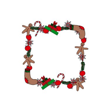 Kış yılbaşı şablonu için metin. Beyaz arka planda el çizimleri. Vektör illüstrasyonu