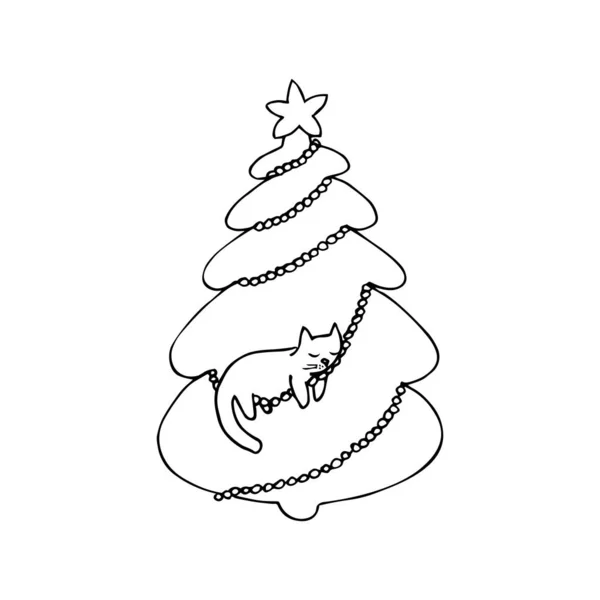 Χριστουγεννιάτικο δέντρο με μια κοιμισμένη γάτα μέσα. Σκιτσάρισμα χεριών. Μαύρο περίγραμμα σε λευκό φόντο. Εικονογράφηση διανύσματος — Διανυσματικό Αρχείο