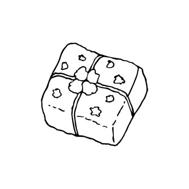 Süslü bir kutu hediye eder. El çizimi çizimi. Beyaz arka planda siyah bir taslak. Vektör illüstrasyonu