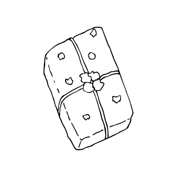 Κουτί δώρων με διακόσμηση. Σκιτσάρισμα χεριών. Μαύρο περίγραμμα σε λευκό φόντο. Εικονογράφηση διανύσματος — Διανυσματικό Αρχείο