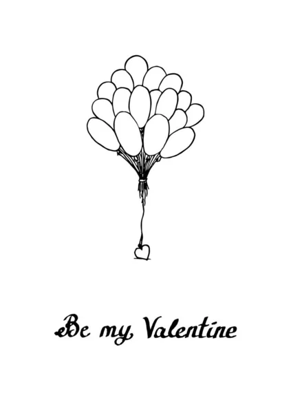 Carte postale pour la Saint-Valentin : ballons avec coeur et phrase Be my Valentine. Illustration vectorielle de croquis simple — Image vectorielle