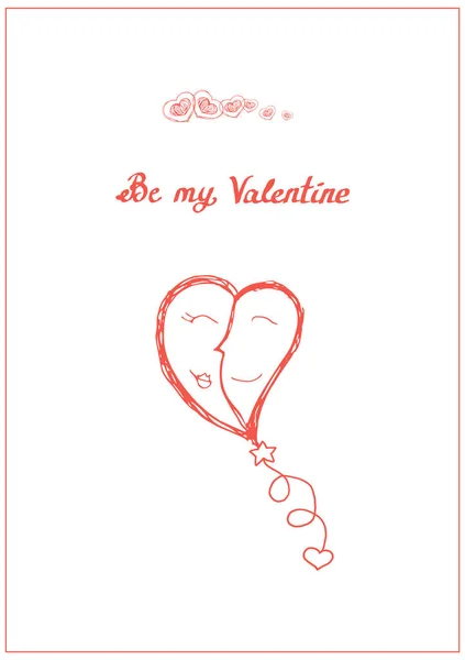 Carte postale rouge : couple de coeur comme un ballon avec des cœurs et phrase Be my Valentine. Illustration vectorielle de croquis — Image vectorielle