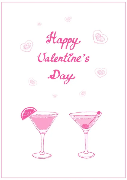 Carte postale rose : cocktails avec cœur et phrase Happy Valentines Day. Illustration vectorielle de croquis — Image vectorielle