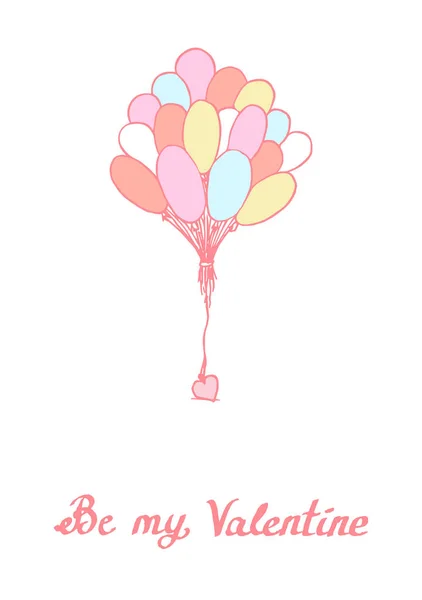 Carte postale pour la Saint-Valentin : ballons avec coeur et phrase Be my Valentine. Illustration vectorielle de croquis simple — Image vectorielle