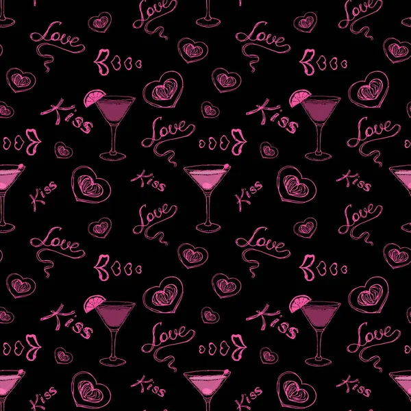 Seamless pattern with coctails and hand drawing sketches for Valentines Day. Vector Illustration. EPS10 — Stock Vector