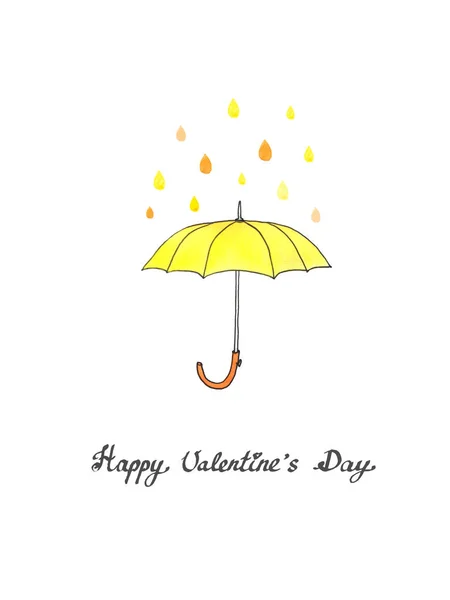 Watercolor yellow umbrella with colorful rain drops and Happy Valentines Day. Hand draw sketch illustration on white background.