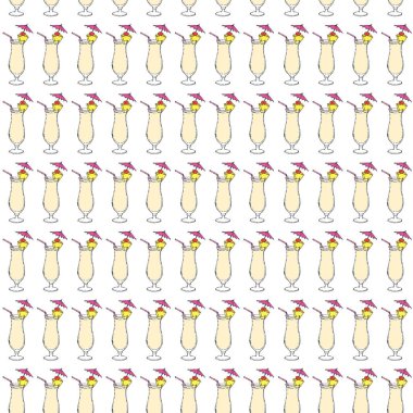 Pina Colada Cocktail 'in dikişsiz deseni. Beyaz arka planda el çizimi ana hatları. Vektör İllüstrasyonu. Bölüm 10