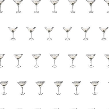 Martini, sek kokteyl, dikişsiz desen. Beyaz arka planda el çizimi ana hatları. Vektör İllüstrasyonu. Bölüm 10