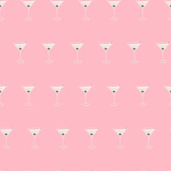 Мартини сухой коктейль бесшовный узор. Ручной рисунок контуров на розовом фоне. Векторная иллюстрация. S10 — стоковый вектор