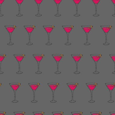 Kozmopolit Kokteyl kusursuz desen. Gri arka planda el çizimi ana hatları. Vektör İllüstrasyonu. Bölüm 10