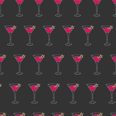 Kozmopolit Kokteyl kusursuz desen. Gri arka planda el çizimi ana hatları. Vektör İllüstrasyonu. Bölüm 10