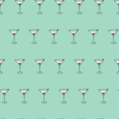 Martini, sek kokteyl, dikişsiz desen. Nane arkaplanına el çizimi taslağı. Vektör İllüstrasyonu. Bölüm 10