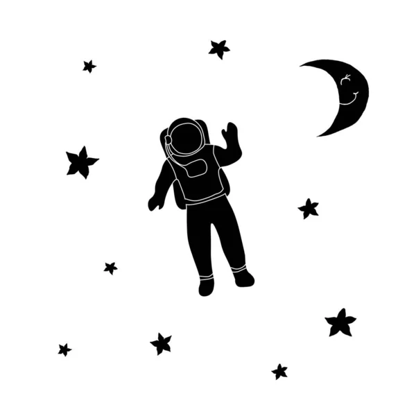 Astronauta cosmonauta, luna y estrellas. Esquema negro sobre fondo blanco. Ilustración vectorial — Vector de stock