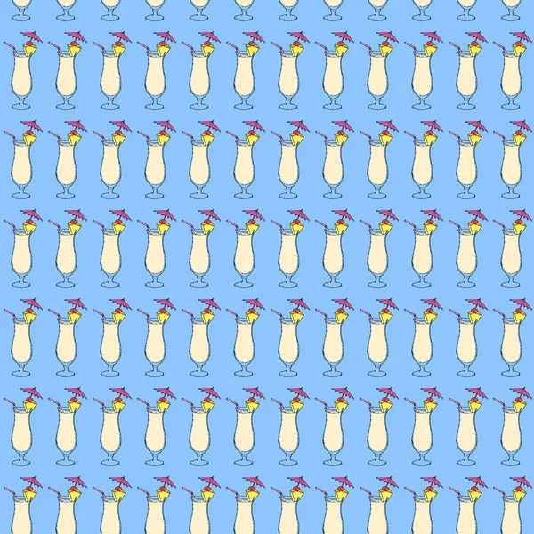 Pina Colada Cocktail nahtloses Muster. Handzeichnung von Umrissen auf blauem Hintergrund. Vektorillustration. eps10 — Stockvektor