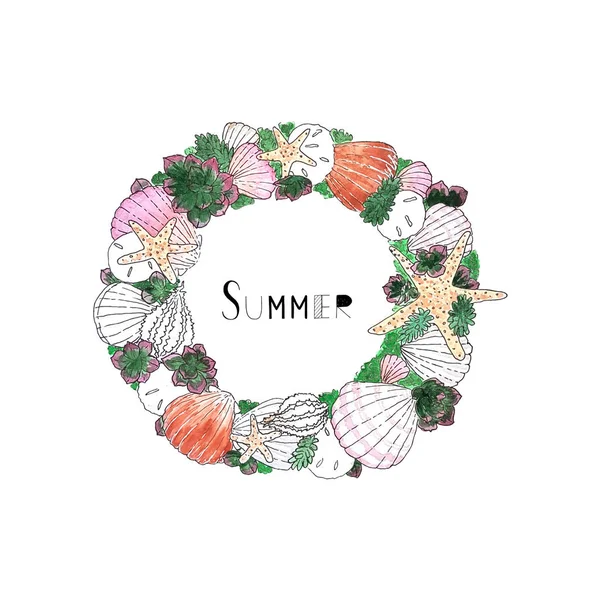 夏のテキストと水彩貝殻多肉植物の花輪。白地に手描きスケッチイラスト. — ストック写真
