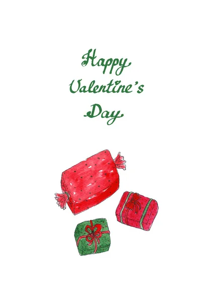 Watercolor post card: presents boxes and phrase Happy Valentines Day. Sketch hand draw illustration