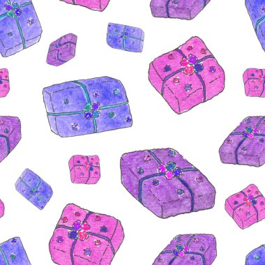 Pembe, mavi ve mor renkli kusursuz desenli kutular. Beyaz arkaplana suluboya el çizimi çizimi