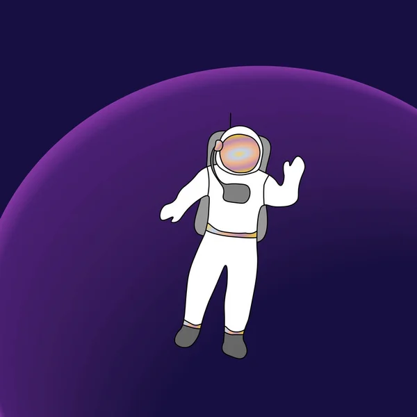 Astronauta cosmonauta en el cosmos. Esquema colorido sobre fondo púrpura. Ilustración vectorial — Vector de stock