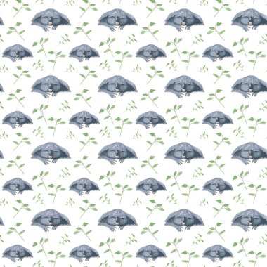 Koala ve yapraklarla kusursuz desen. Beyaz arka planda elle suluboya çizimi. Renkli resimleme