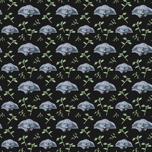 Seamless pattern with koala bear and leaves. Hand drawing watercolor sketch on black background. Colorful illustration