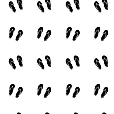 Terliklerin pürüzsüz deseni. Yazlık giysiler ve aksesuarlar. Çizgi film çizimi. Beyaz arka planda siyah siluet. Vektör illüstrasyonu.