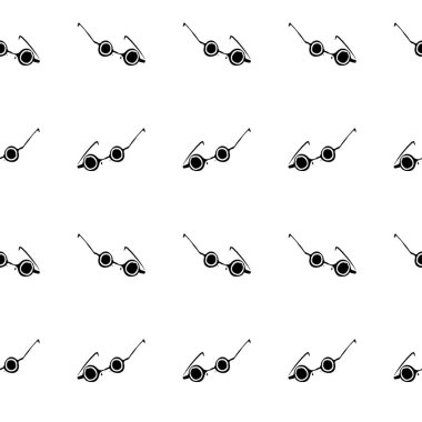 Güneş gözlüğünün kusursuz deseni. Yazlık giysiler ve aksesuarlar. Çizgi film çizimi. Beyaz arka planda siyah siluet. Vektör illüstrasyonu.