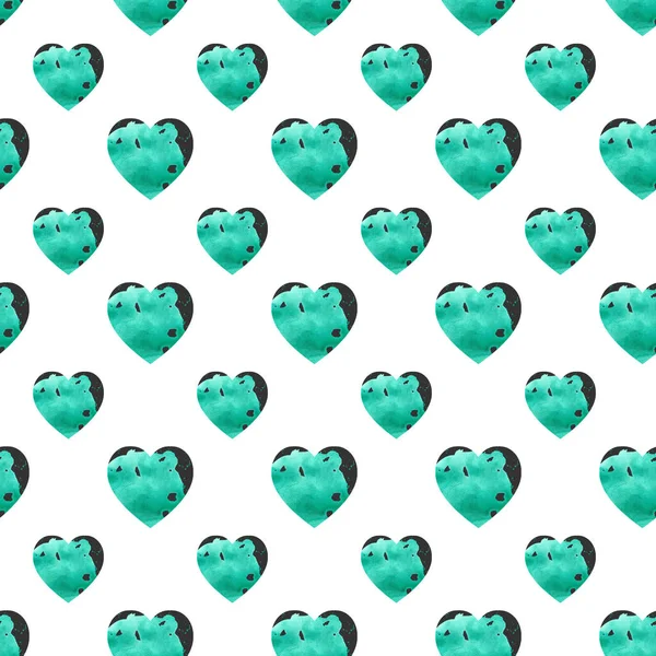 Corazón gris esmeralda patrón sin costuras. Dibujo a mano acuarela boceto sobre fondo blanco. Colorida ilustración —  Fotos de Stock