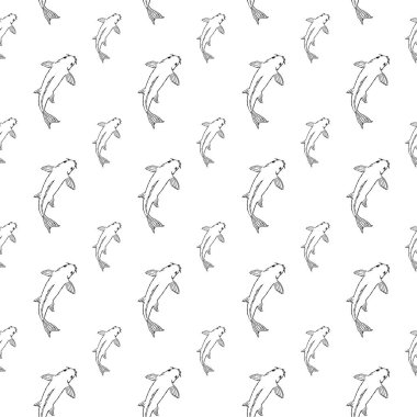 Koi balığı kusursuz desen. El çizimi çizimi. Beyaz arka planda siyah bir taslak. Vektör çizimi. Bölüm 10