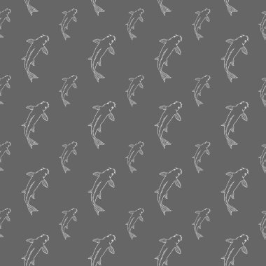 Koi balığı kusursuz desen. El çizimi çizimi. Gri arkaplanda beyaz bir taslak. Vektör çizimi. Bölüm 10