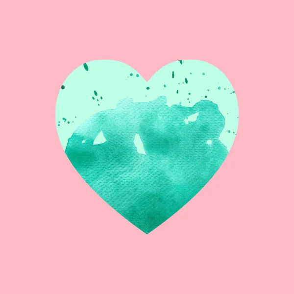 Aquarelle émeraude avec coeur menthe sur fond rose. Illustration colorée — Photo