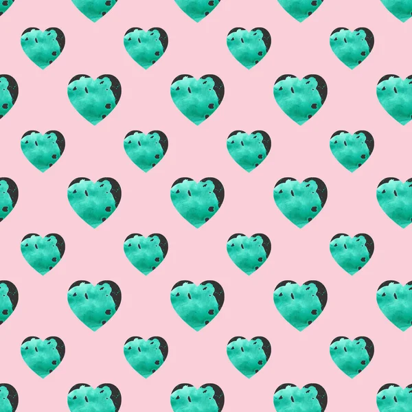 Smaragdgrått hjärta sömlöst mönster. Hand rita akvarell skiss på rosa bakgrund. Färgstark illustration — Stockfoto