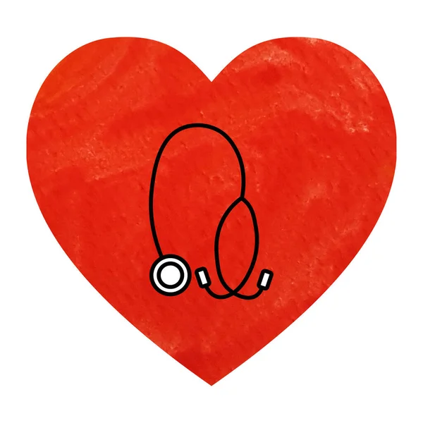 Estetoscopio Equipo Médico Negro Color Rojo Acuarela Corazón Sobre Fondo — Foto de Stock