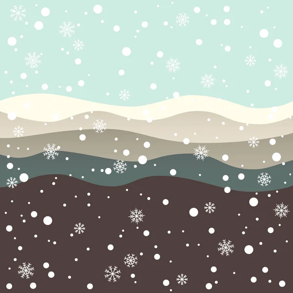 Fondo de invierno con copos de nieve y hermosas colinas — Vector de stock