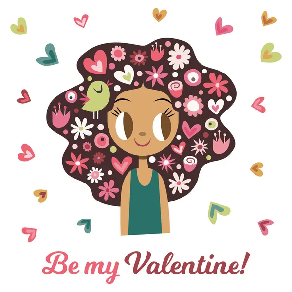 Soyez ma carte de Saint-Valentin avec fille mignonne et coeur — Image vectorielle
