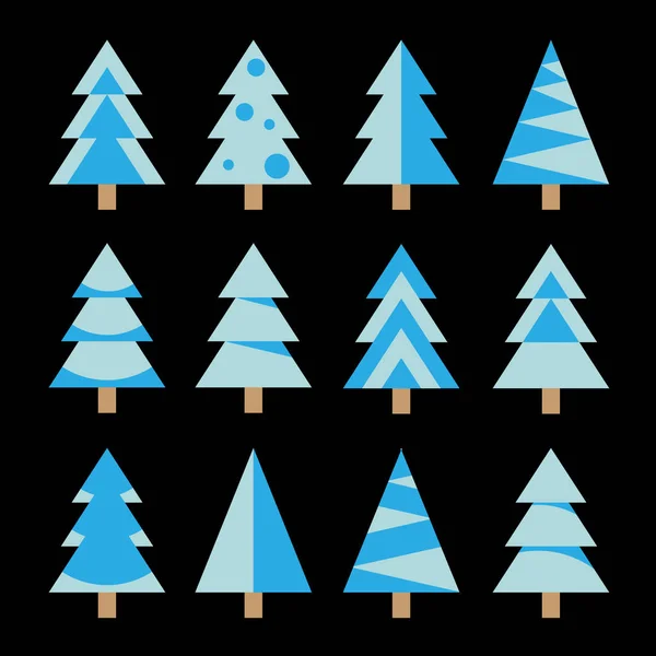 Набор голубых елок Рождества изолированы на черный — стоковый вектор