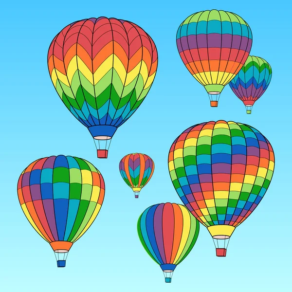 Ensemble d'icônes de ballon à air sur ciel bleu avec nuages — Image vectorielle
