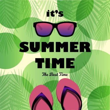 Güneş gözlüklü ve parmak arası terlikli yaz saati kartı. Vektör İllüstrasyonu. Tebrik kartları, posterler ve yazdırma davetleri için tasarım ögesi.