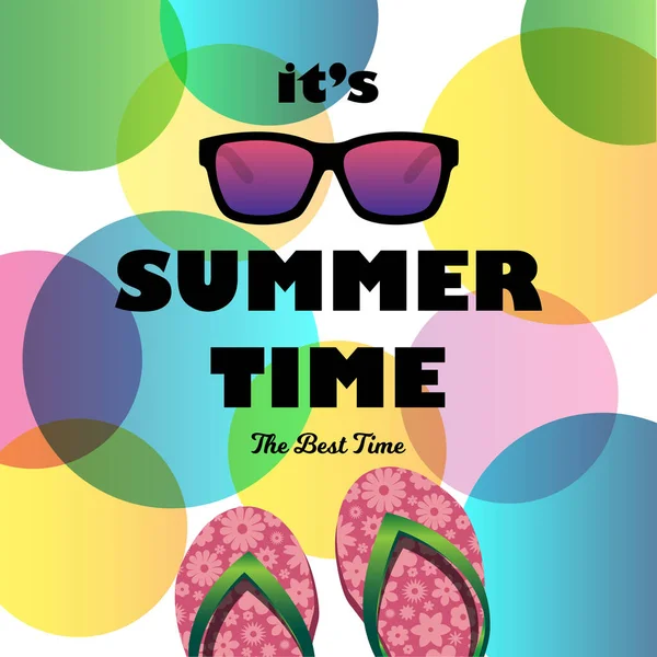 Summer Time Card Con Occhiali Sole Infradito Illustrazione Vettoriale Elemento — Vettoriale Stock