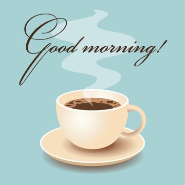 Bir Fincan Taze Kahve ile Sabah Kahve Kartı. Vektör İllüstrasyon. Düz Stil. Kafeterya, Posterler, Afişler, Kartlar için Dekoratif Tasarım